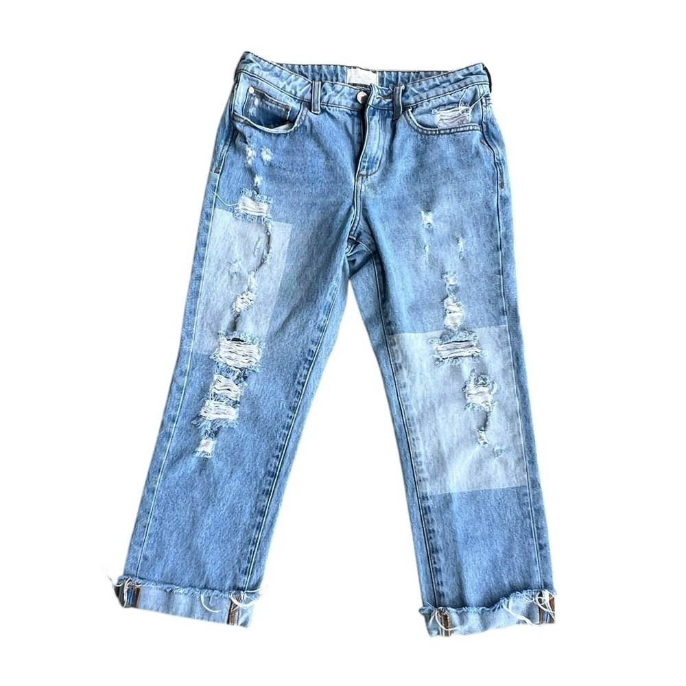 Gilded Intent 28 High Rise Distressed Ankle Cuffed Straight Leg Jeans - Picture 2 of 10